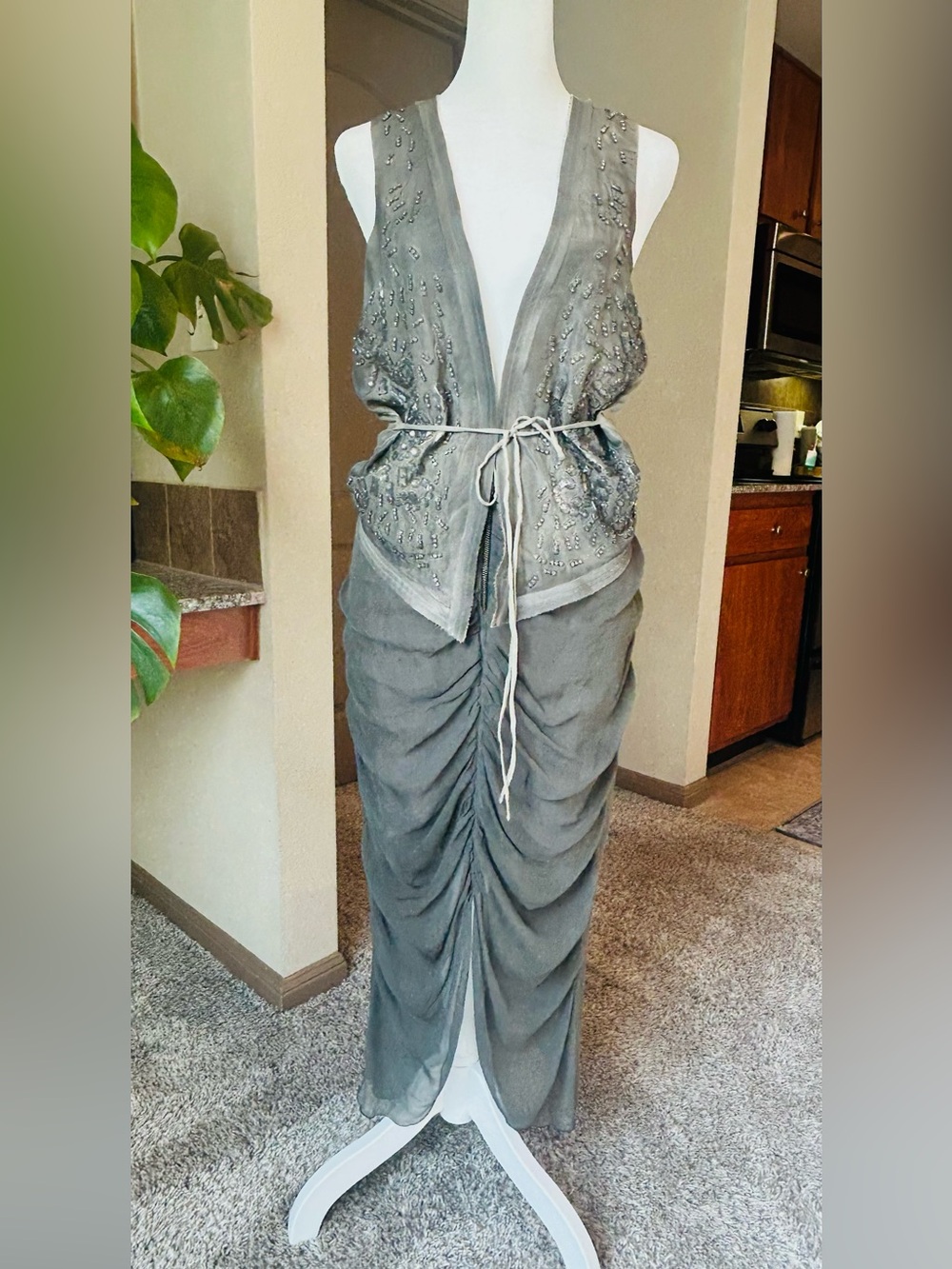 CLOSED NWT 100% Silk Hand Beaded Vest Top L Gray $310 Retail